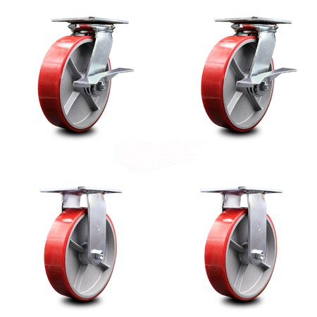 Service Caster 8 Inch Red Poly on Cast Iron Caster Set with Ball Bearing 2 Brakes and 2 Rigid SCC-35S820-PUB-RS-SLB-2-R-2